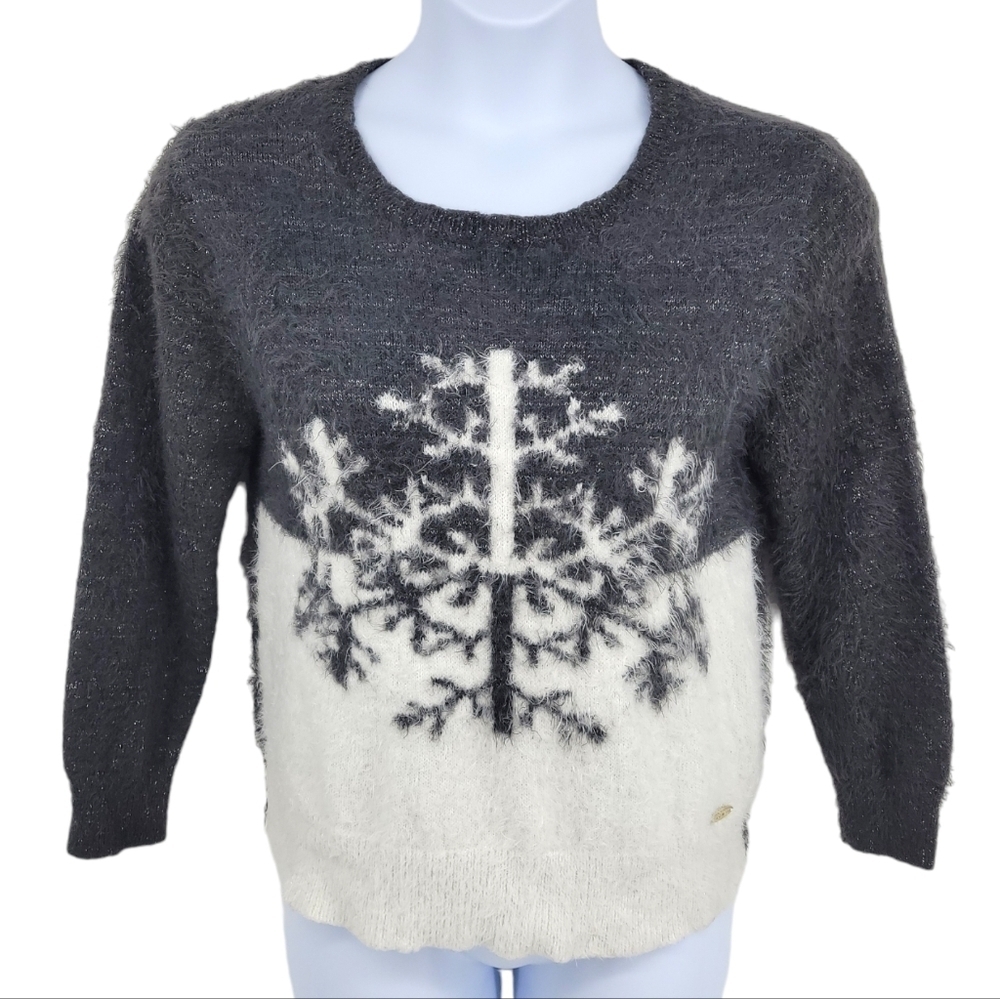 Black Rivet Womens Snow Flake Winter Sweater Metallic Thread Faux Fur Size M